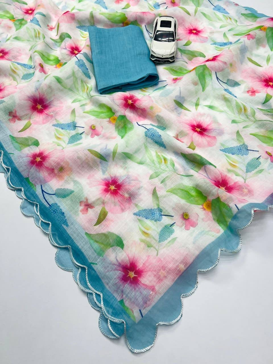 Sky Plain Linen Digital Printed Saree
