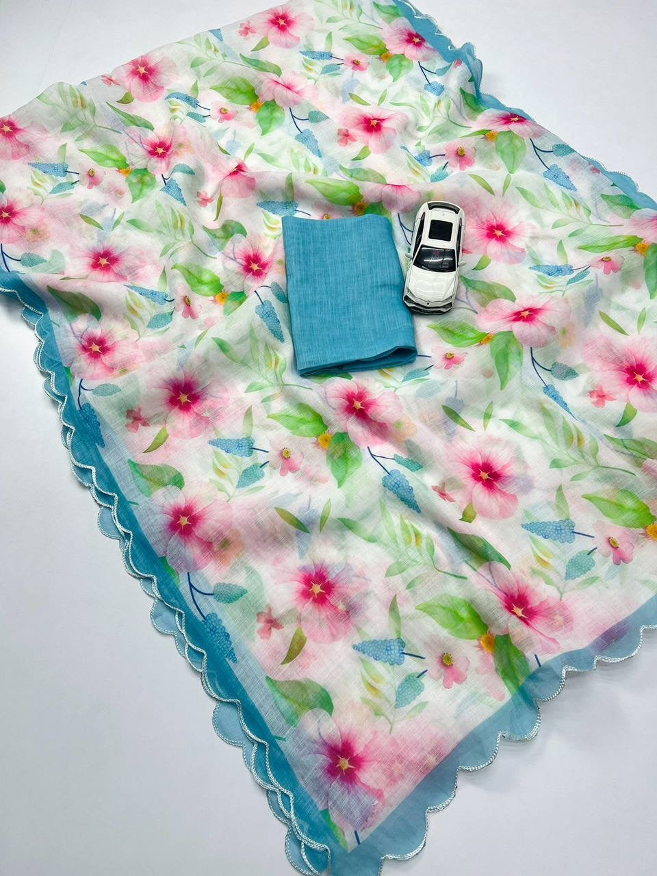Sky Plain Linen Digital Printed Saree
