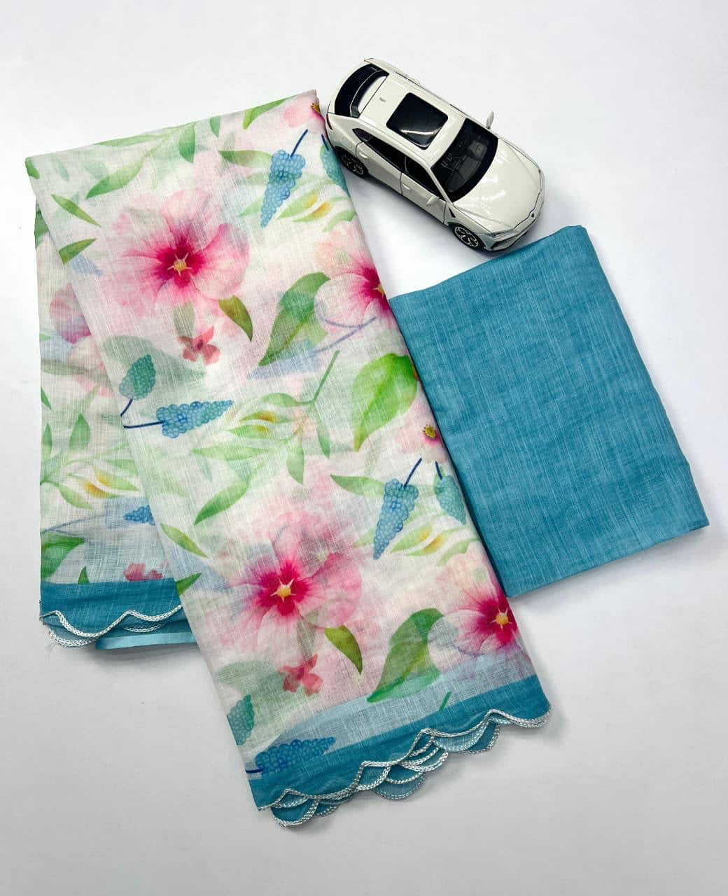 Sky Plain Linen Digital Printed Saree