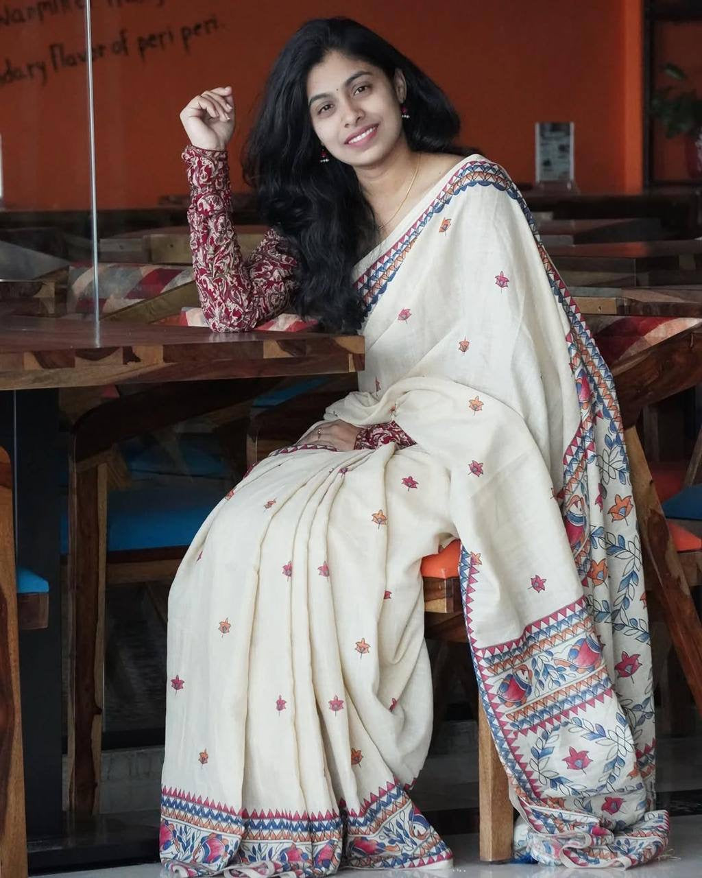 Multi With White Plain Linen Digital Printed Saree