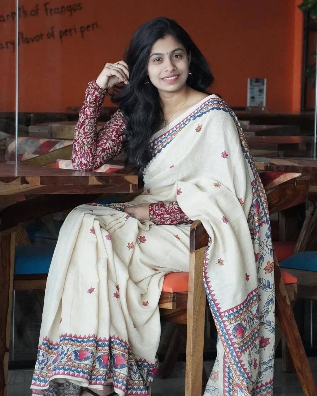 Multi With White Plain Linen Digital Printed Saree
