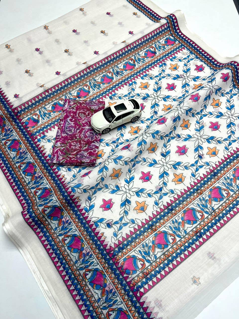 Multi With White Plain Linen Digital Printed Saree