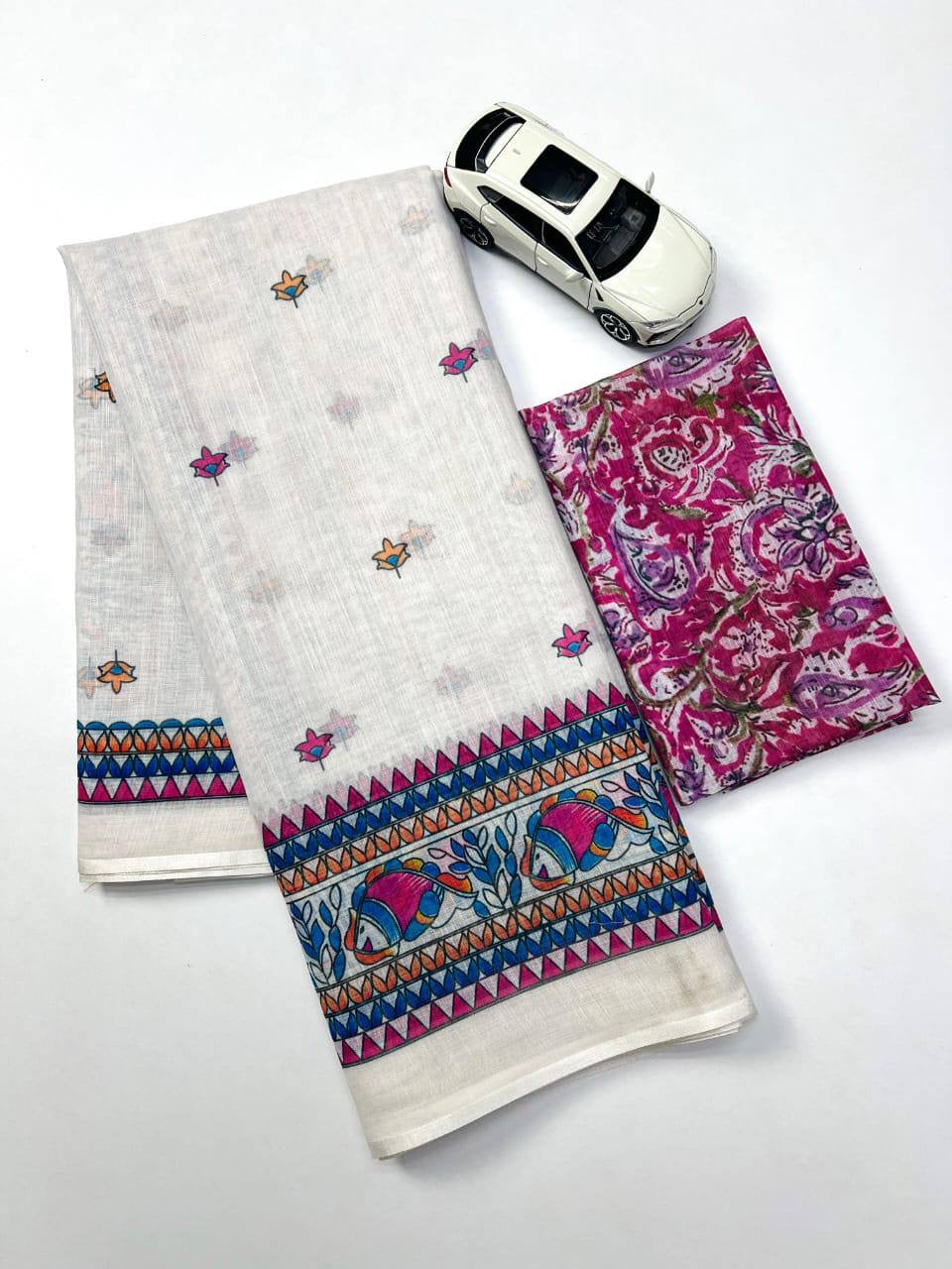 Multi With White Plain Linen Digital Printed Saree