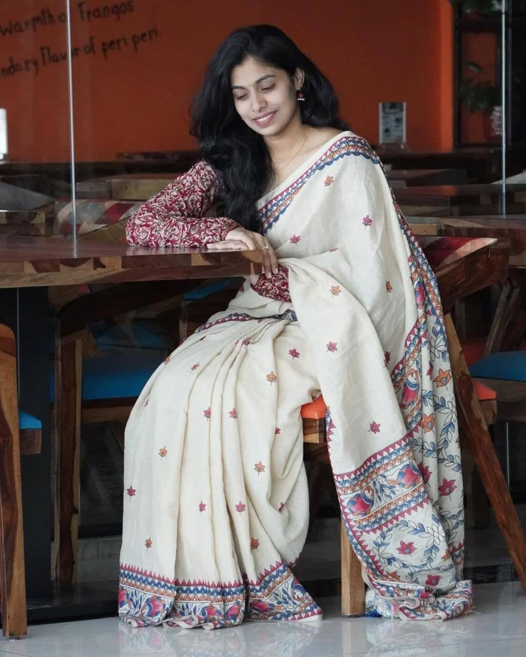 Multi With White Plain Linen Digital Printed Saree