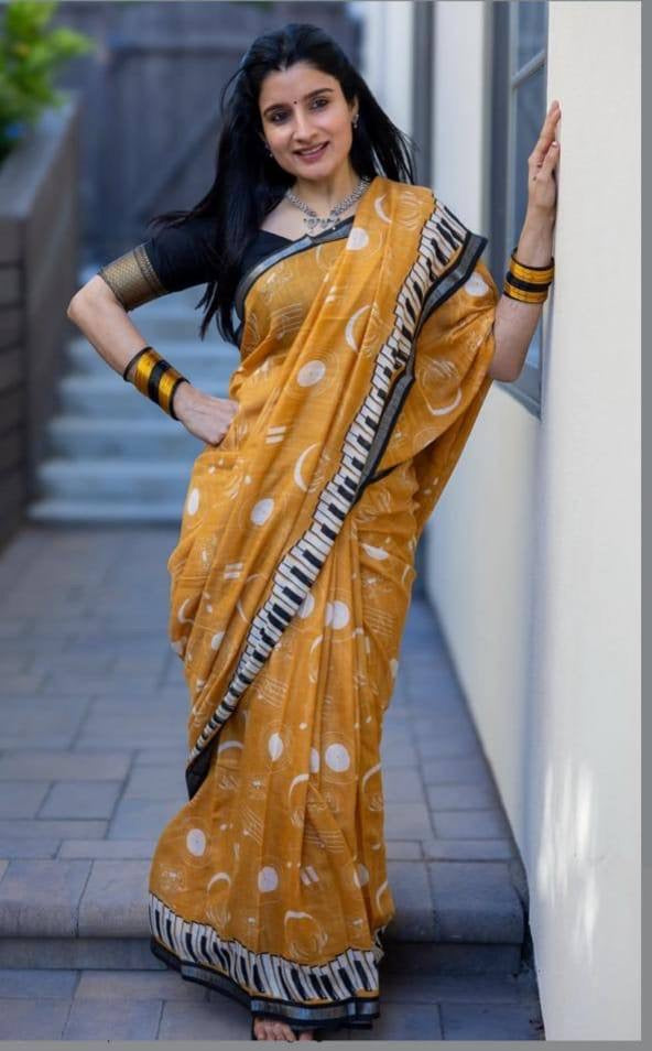 Yellow Plain Linen Digital Printed Saree