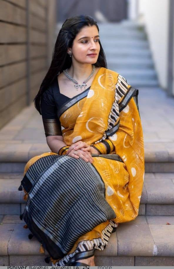Yellow Plain Linen Digital Printed Saree