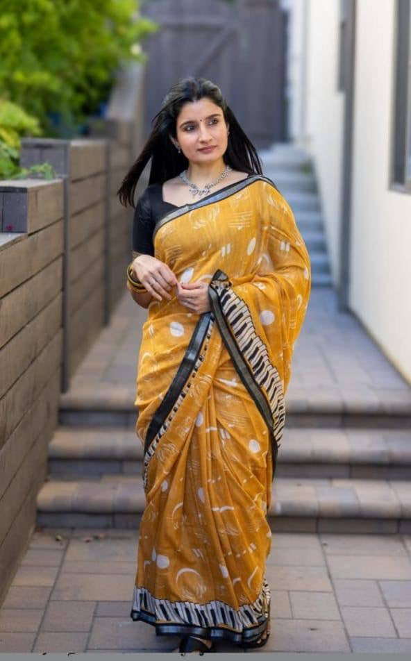 Yellow Plain Linen Digital Printed Saree