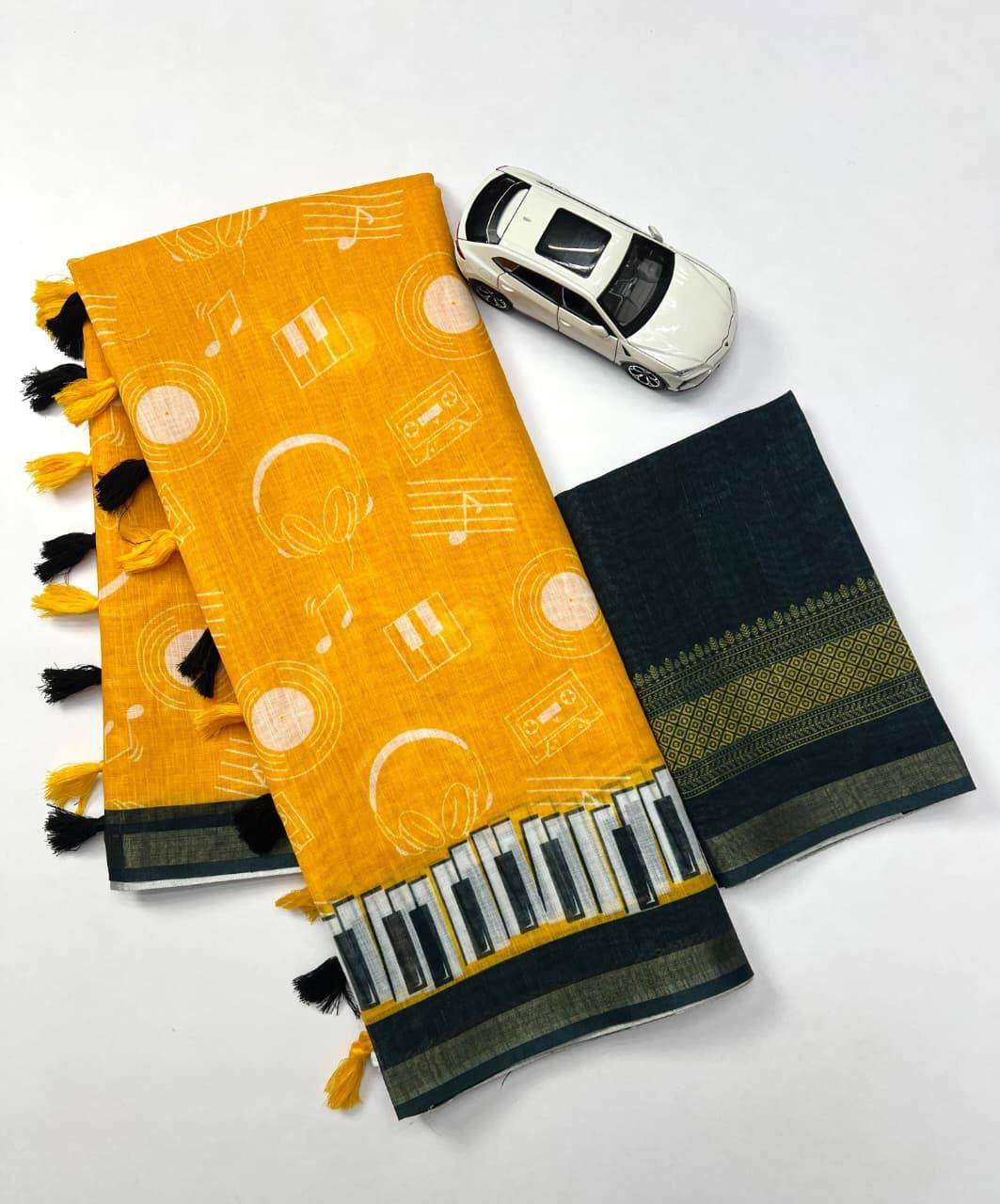 Yellow Plain Linen Digital Printed Saree