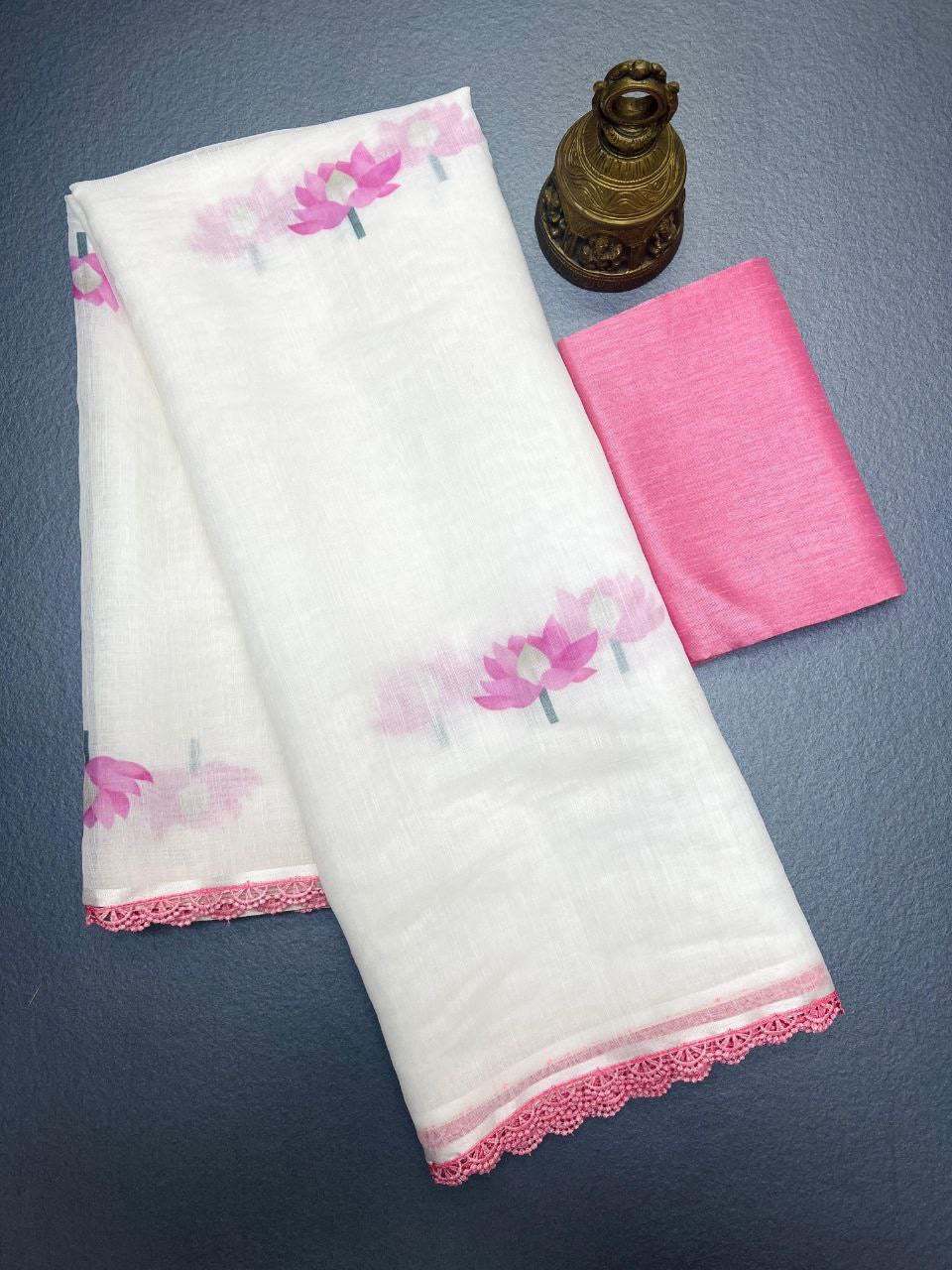 Pink With White Plain Linen Digital Printed Saree