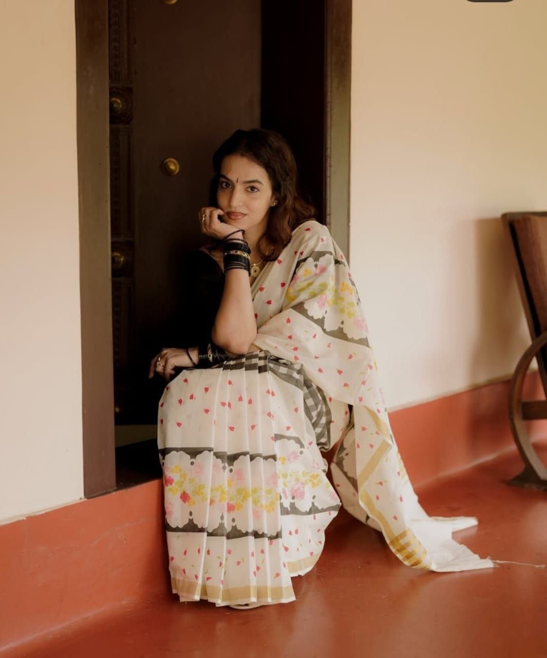 White Linen With Gold Zari Border Saree