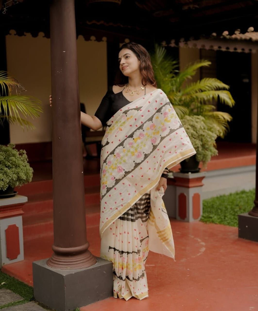 White Linen With Gold Zari Border Saree