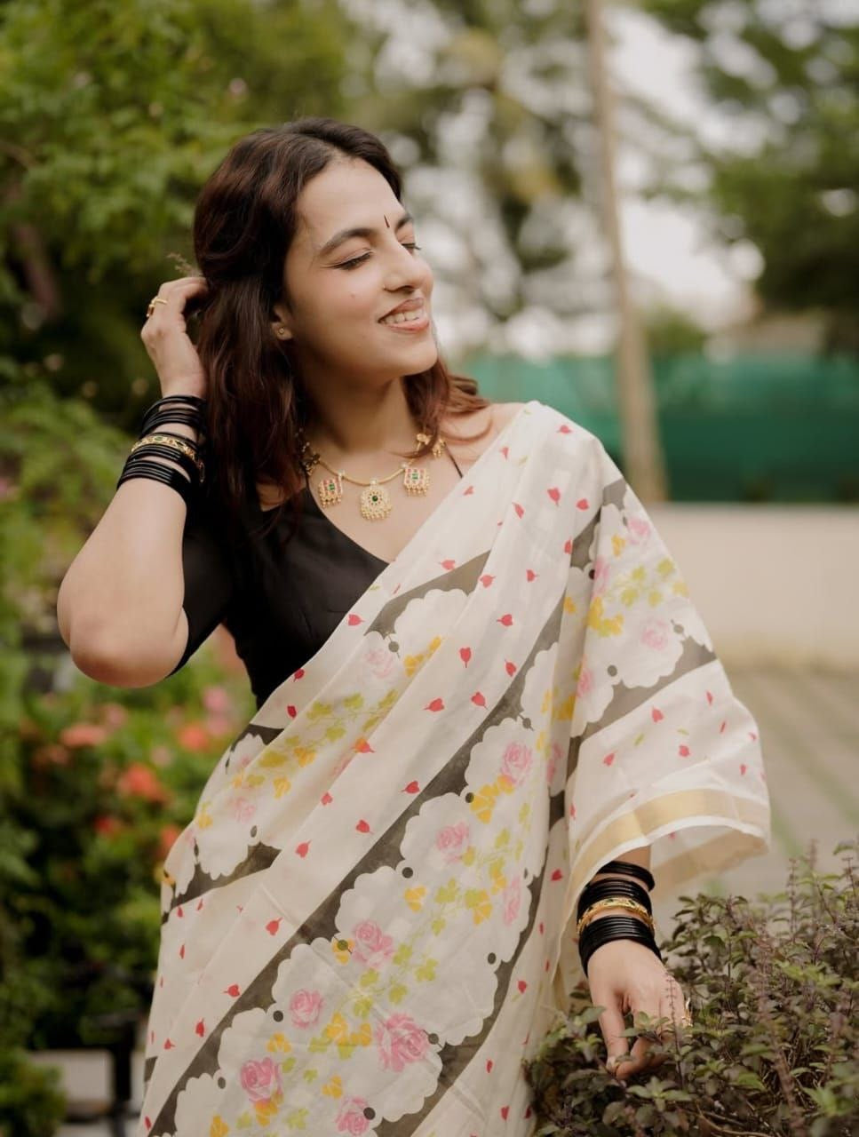 White Linen With Gold Zari Border Saree