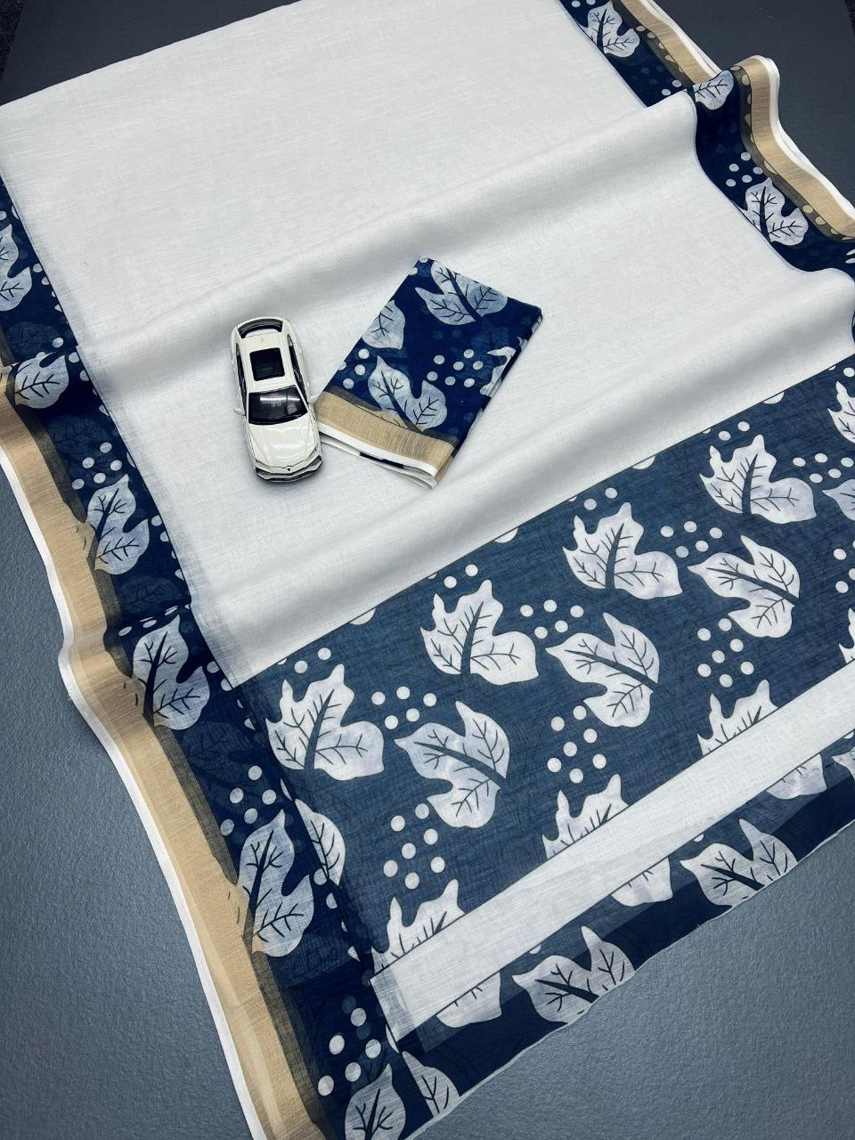 White With Blue Border Plain Linen Printed Saree