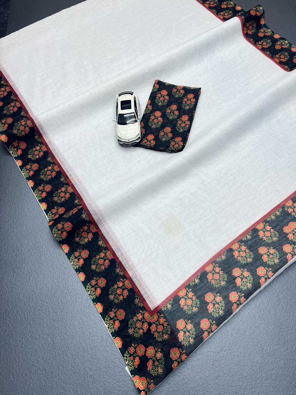 White Flower Border Plain Linen Digital Printed 