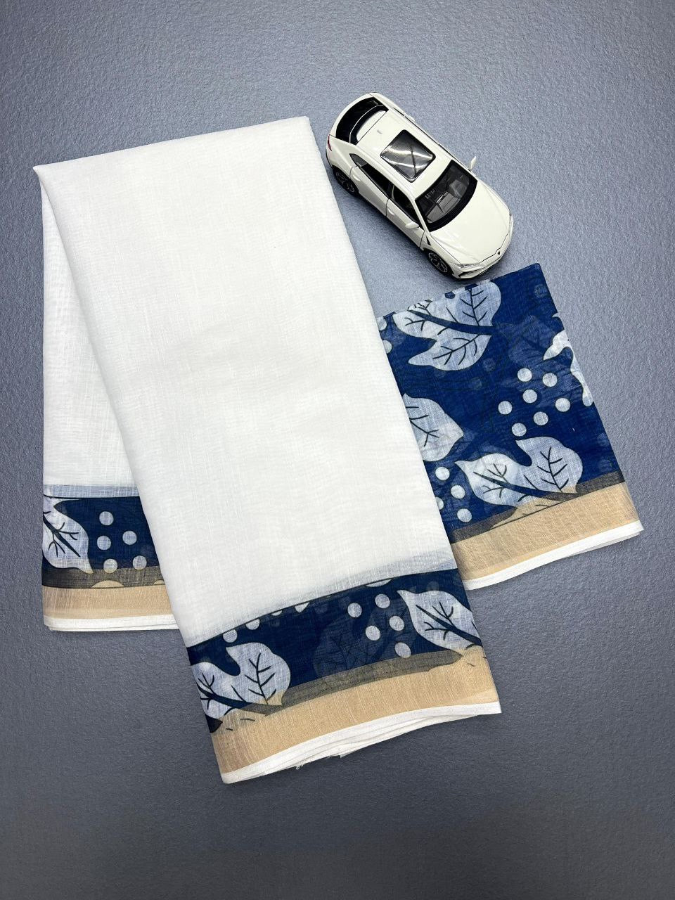 White With Blue Border Plain Linen Printed Saree