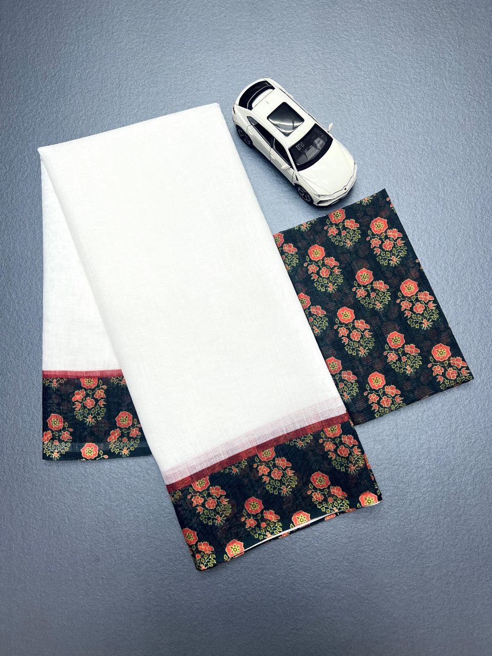 White Flower Border Plain Linen Digital Printed 