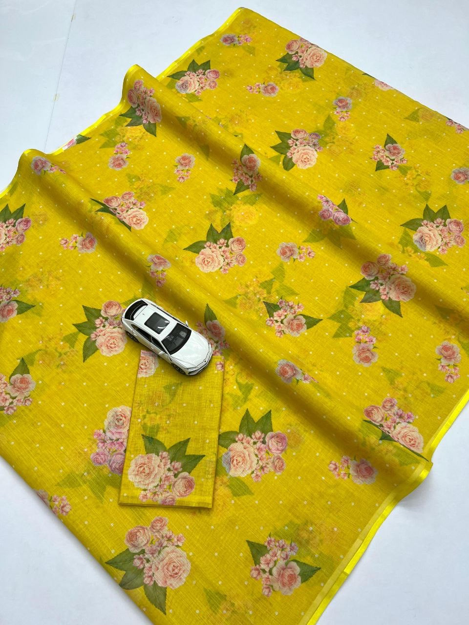 Yellow Plain Linen Digital Printed Saree