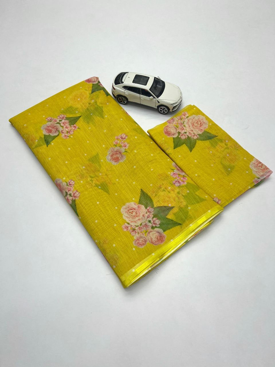 Yellow Plain Linen Digital Printed Saree