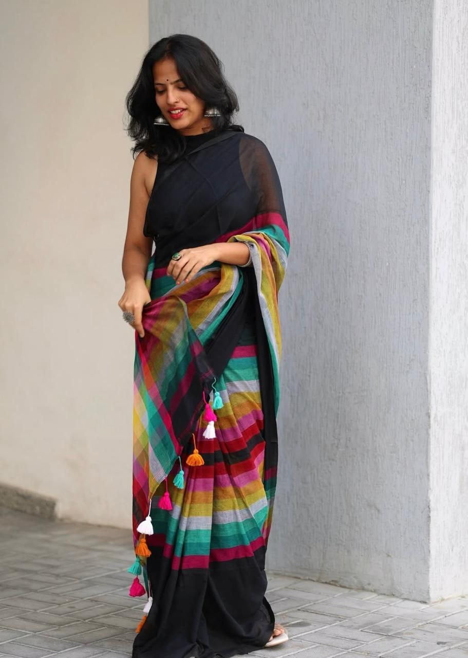 Black Plain Linen Digital Printed With Fumka Saree