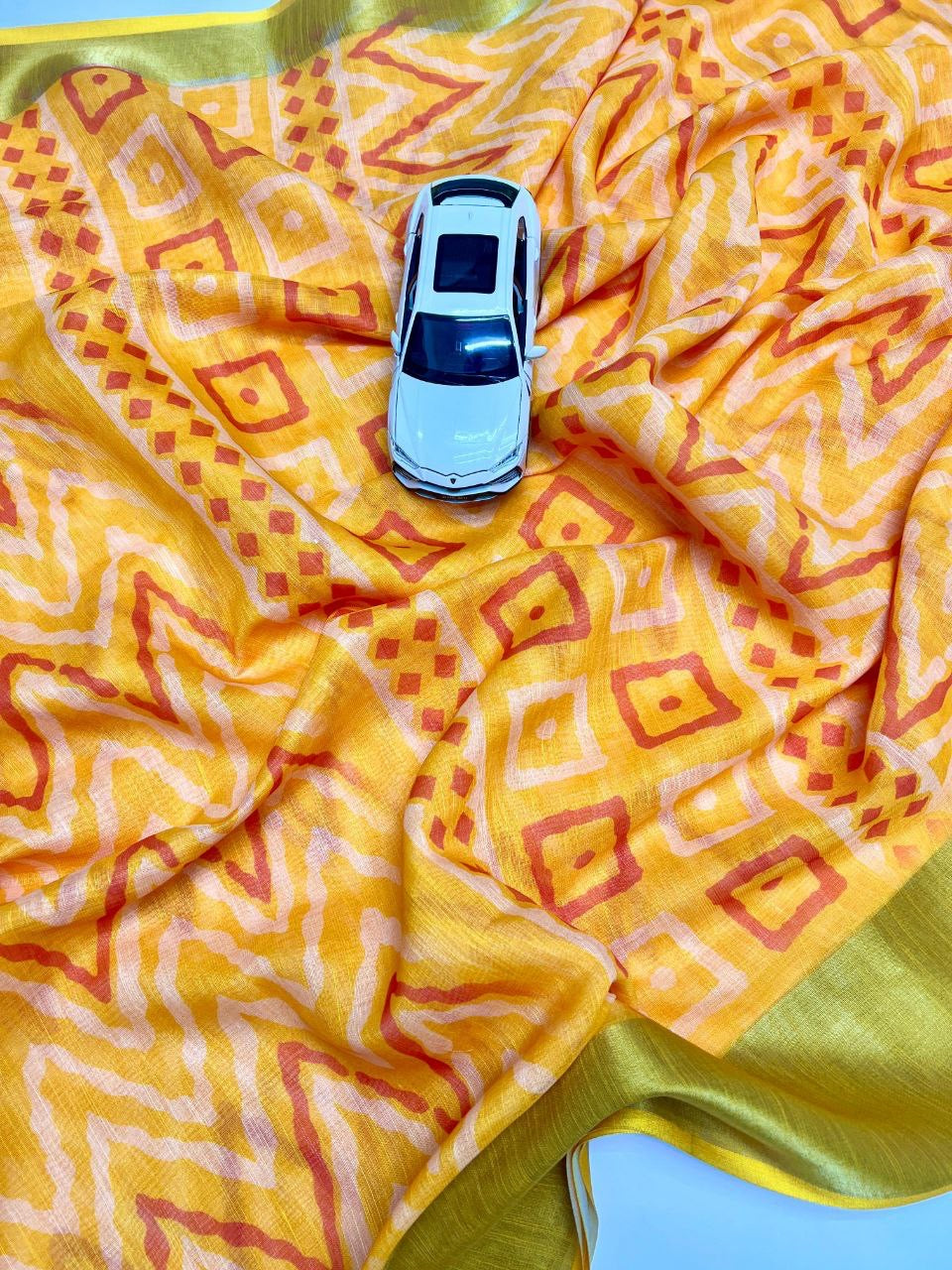 Yellow Linen With Gold Zari Digital Printed Saree