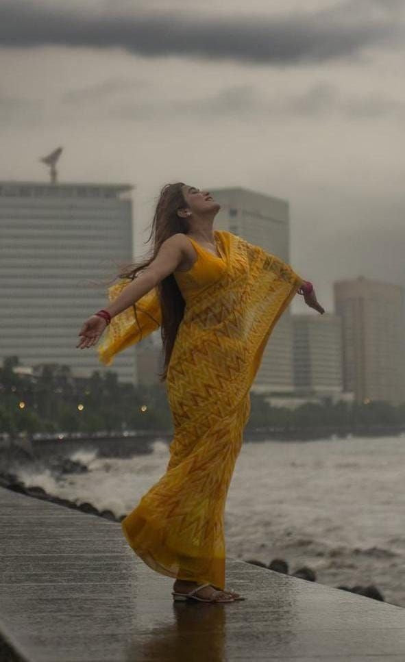 Yellow Linen With Gold Zari Digital Printed Saree