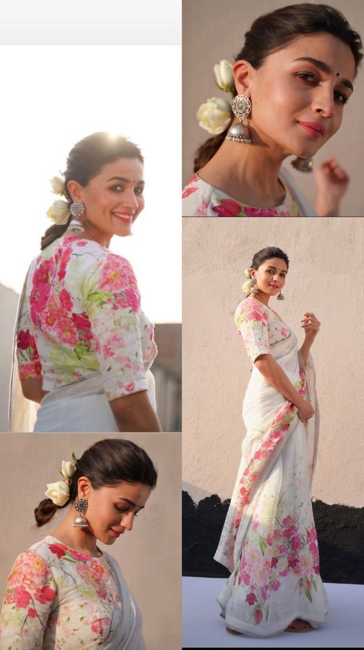White Plain Linen Digital Printed Saree