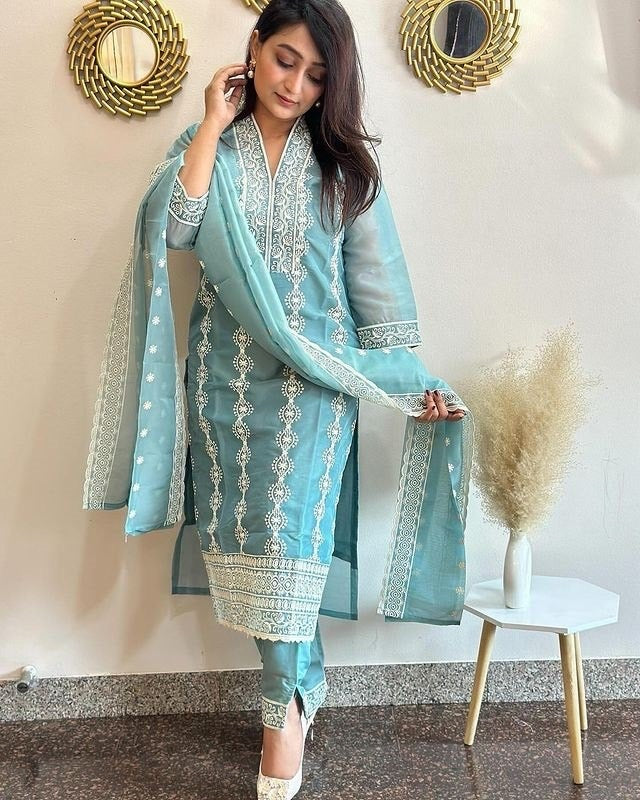 Skyblue Vichitra Embroidered Kurta Set 