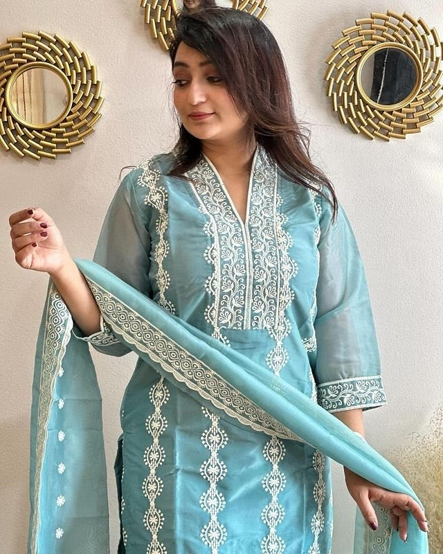 Skyblue Vichitra Embroidered Kurta Set 