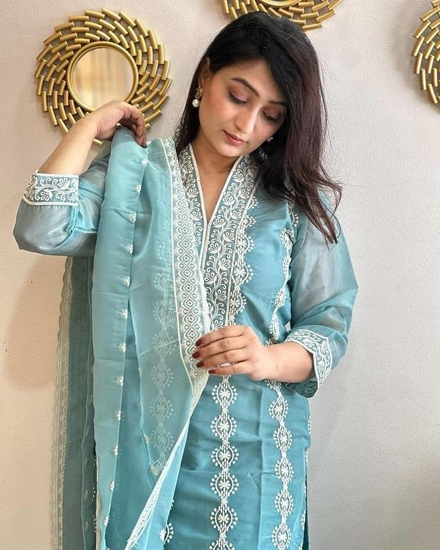 Skyblue Vichitra Embroidered Kurta Set 