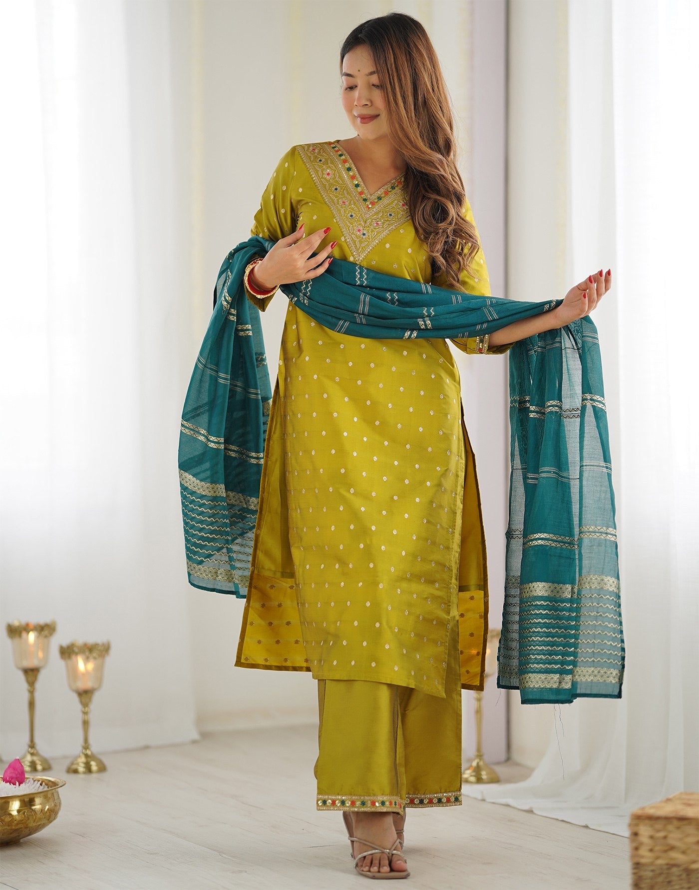 Mustard Jacquard Woven Design Kurta Set