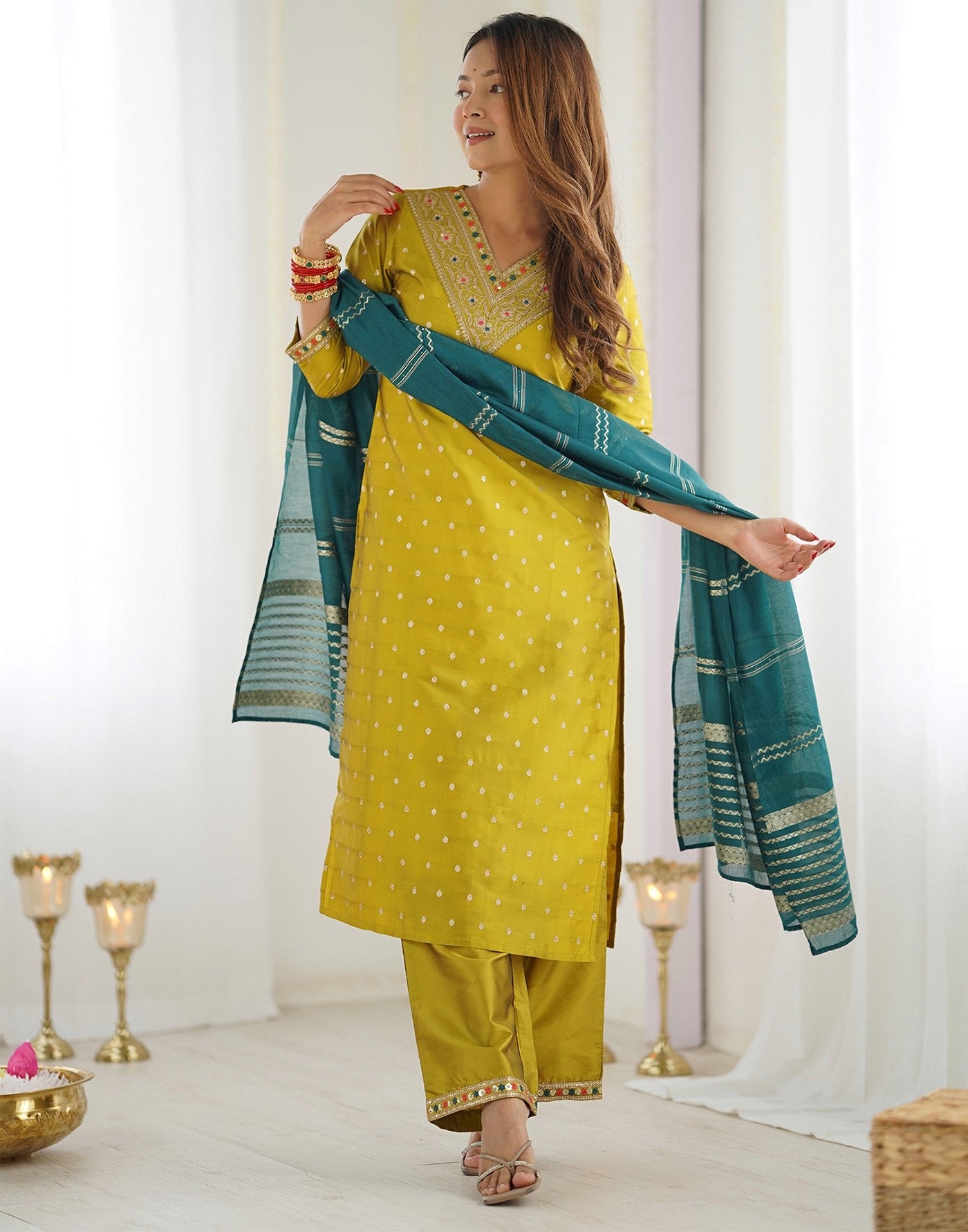 Mustard Jacquard Woven Design Kurta Set