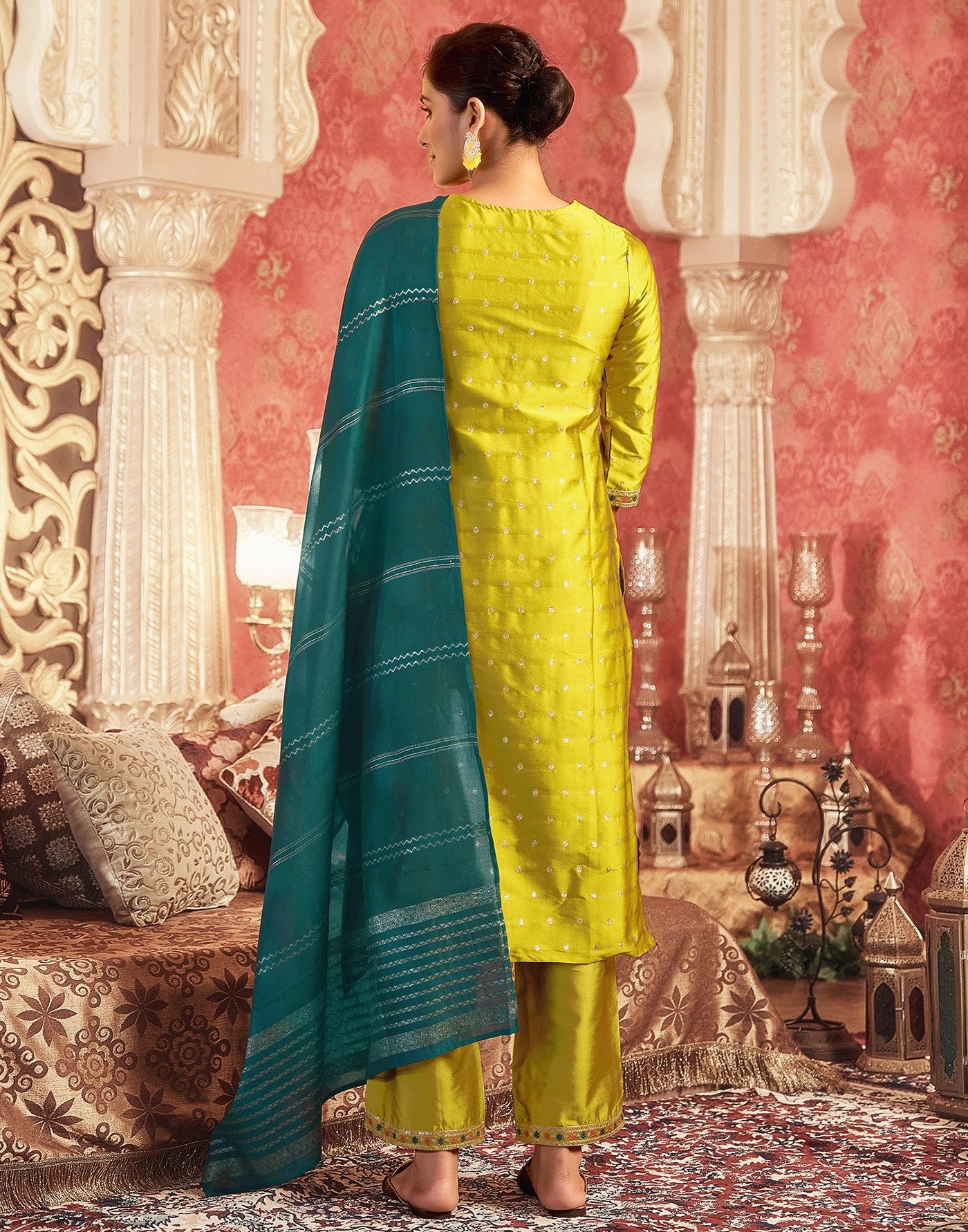 Mustard Jacquard Woven Design Kurta Set