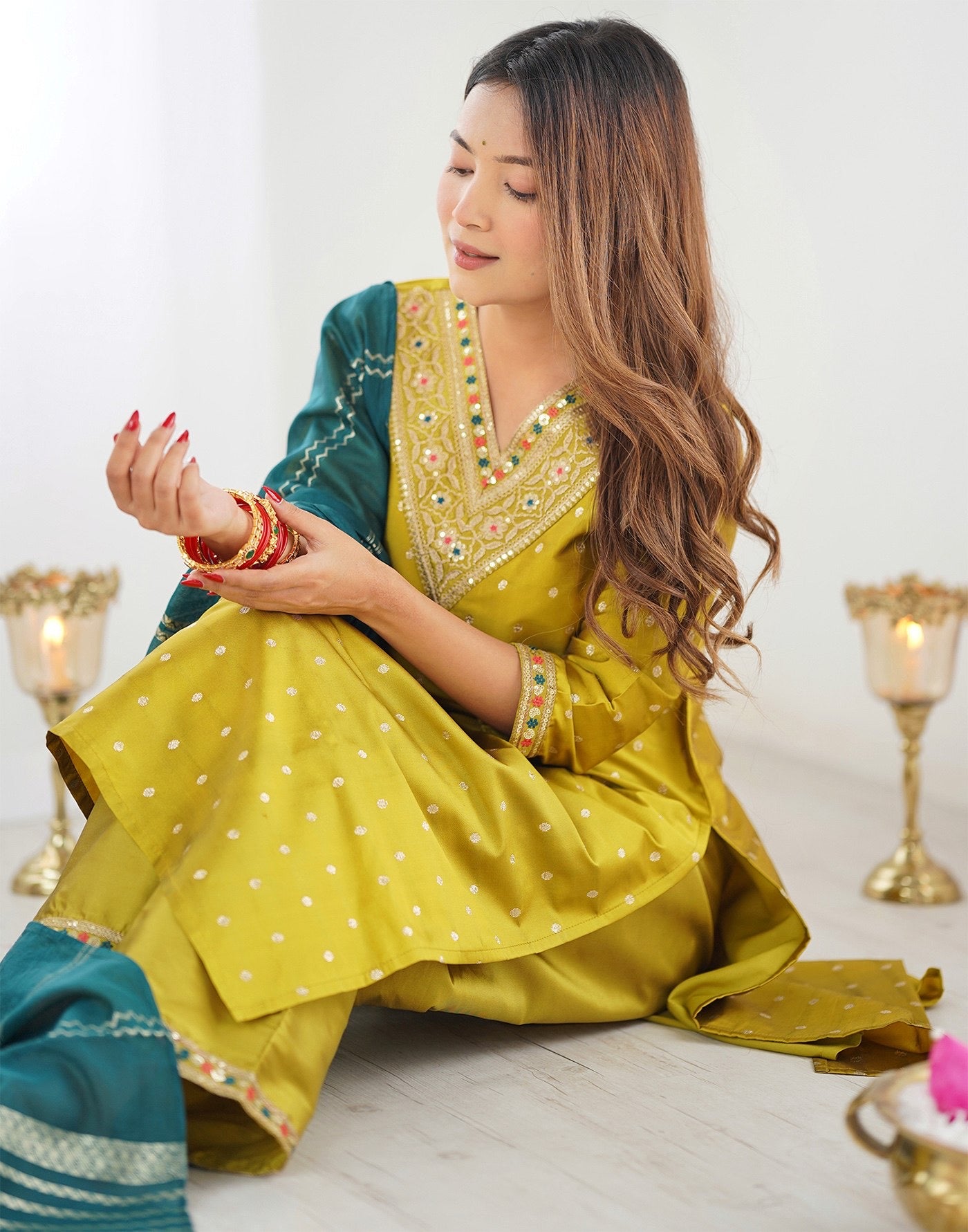 Mustard Jacquard Woven Design Kurta Set