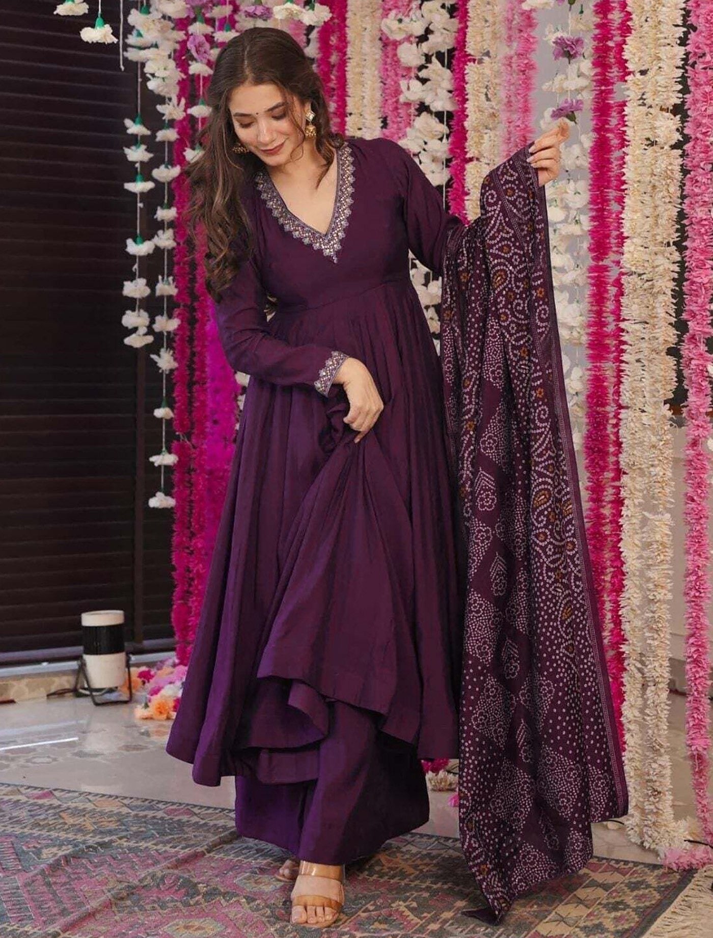 Purple Vichitra Embroidered Anarkali Set 