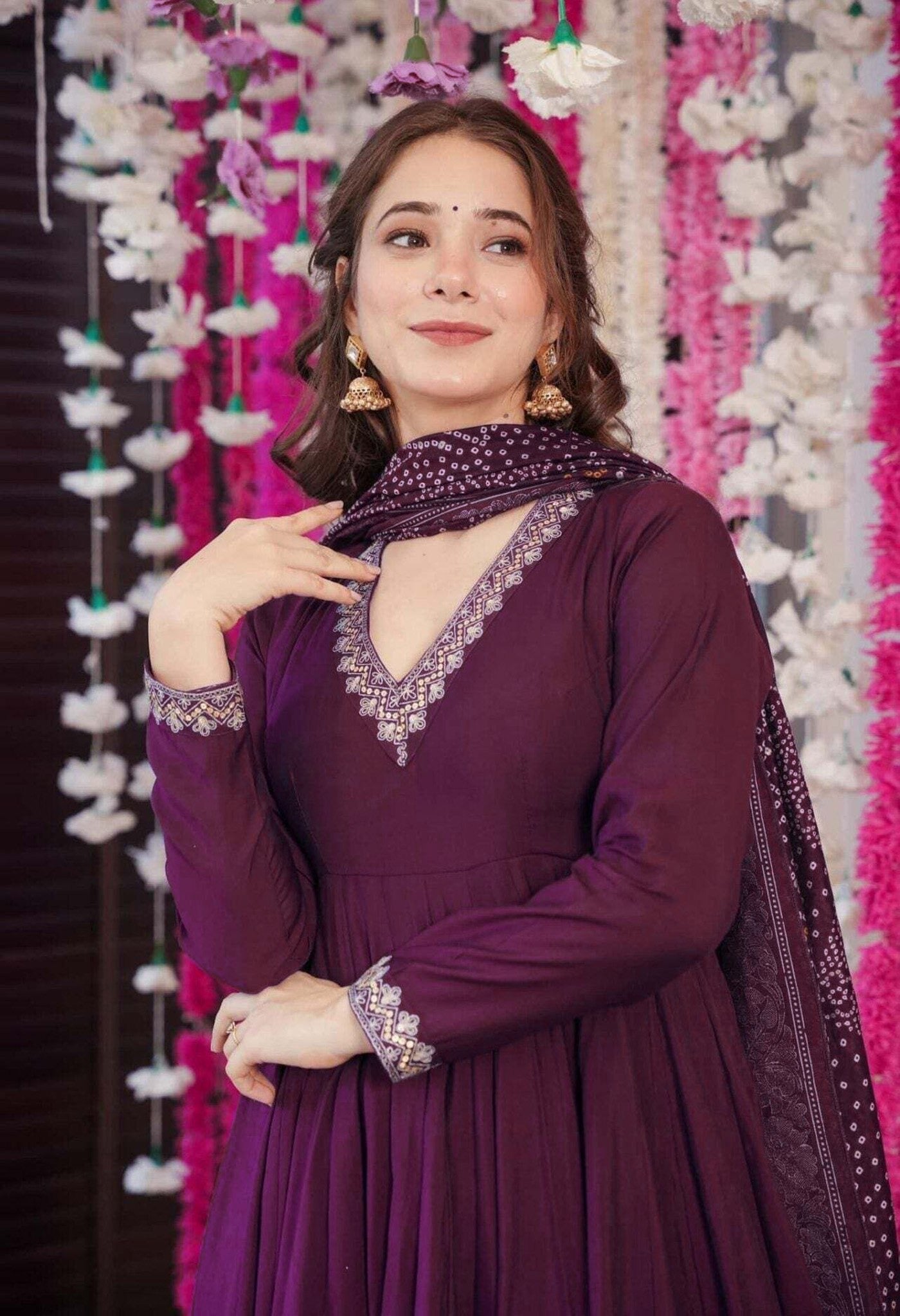 Purple Vichitra Embroidered Anarkali Set 