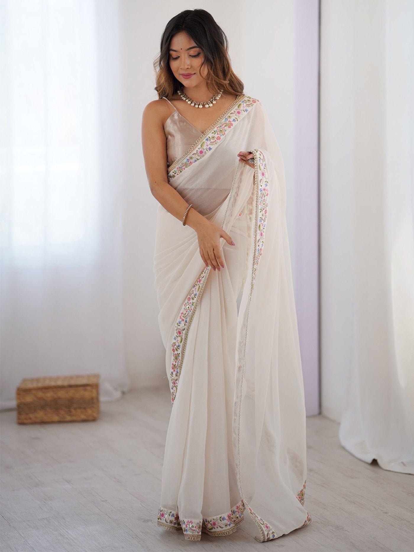 White Georgette Embroidery Party Wear Saree 