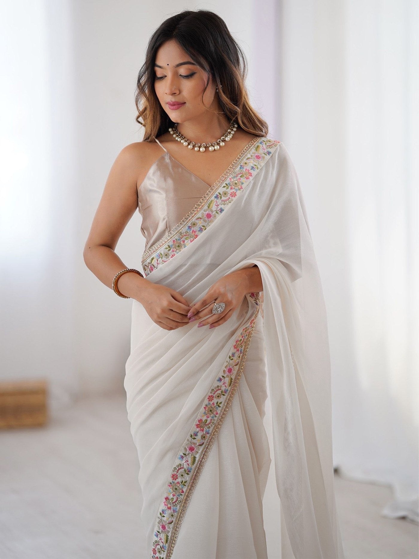 White Georgette Embroidery Party Wear Saree 