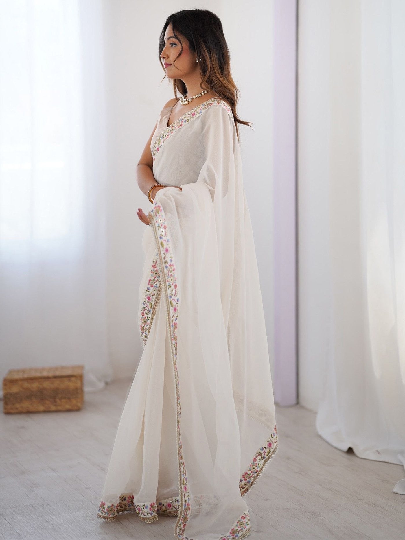 White Georgette Embroidery Party Wear Saree 