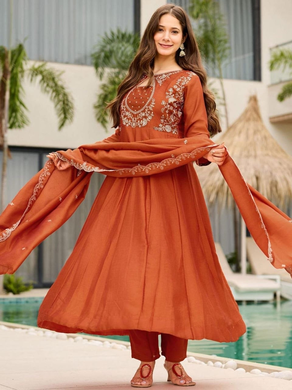 Organge Vichitra Embroidered Kurta Set 