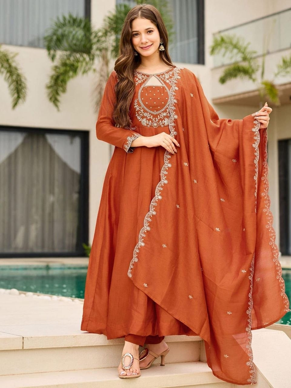 Organge Vichitra Embroidered Kurta Set 