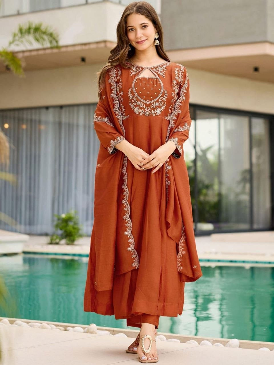 Organge Vichitra Embroidered Kurta Set 