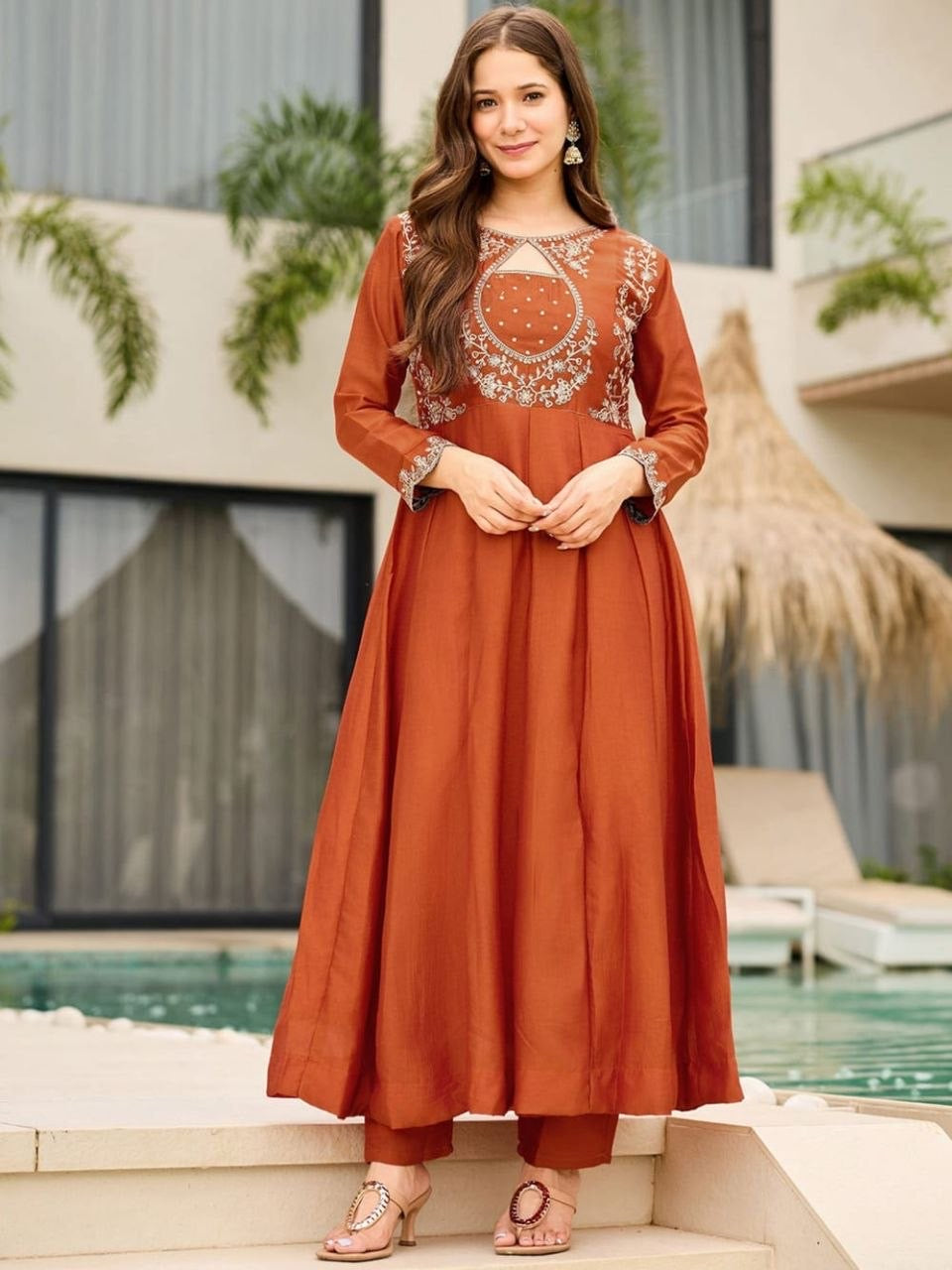 Organge Vichitra Embroidered Kurta Set 