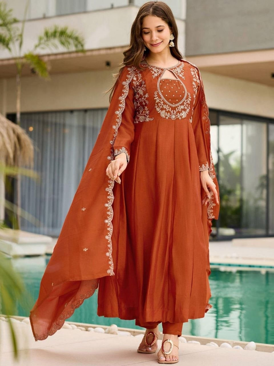 Organge Vichitra Embroidered Kurta Set 