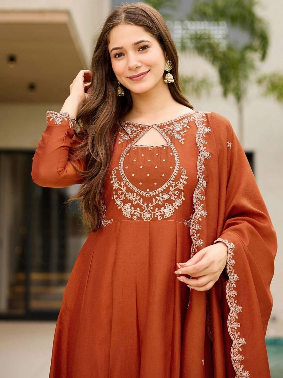 Organge Vichitra Embroidered Kurta Set 