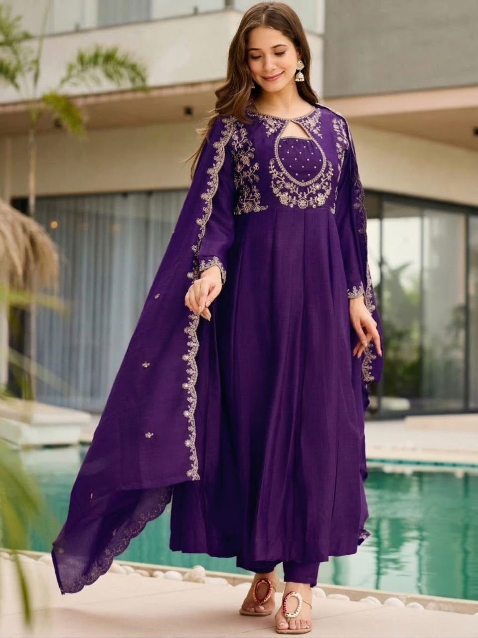 Purple Vichitra Embroidered Kurta Set 