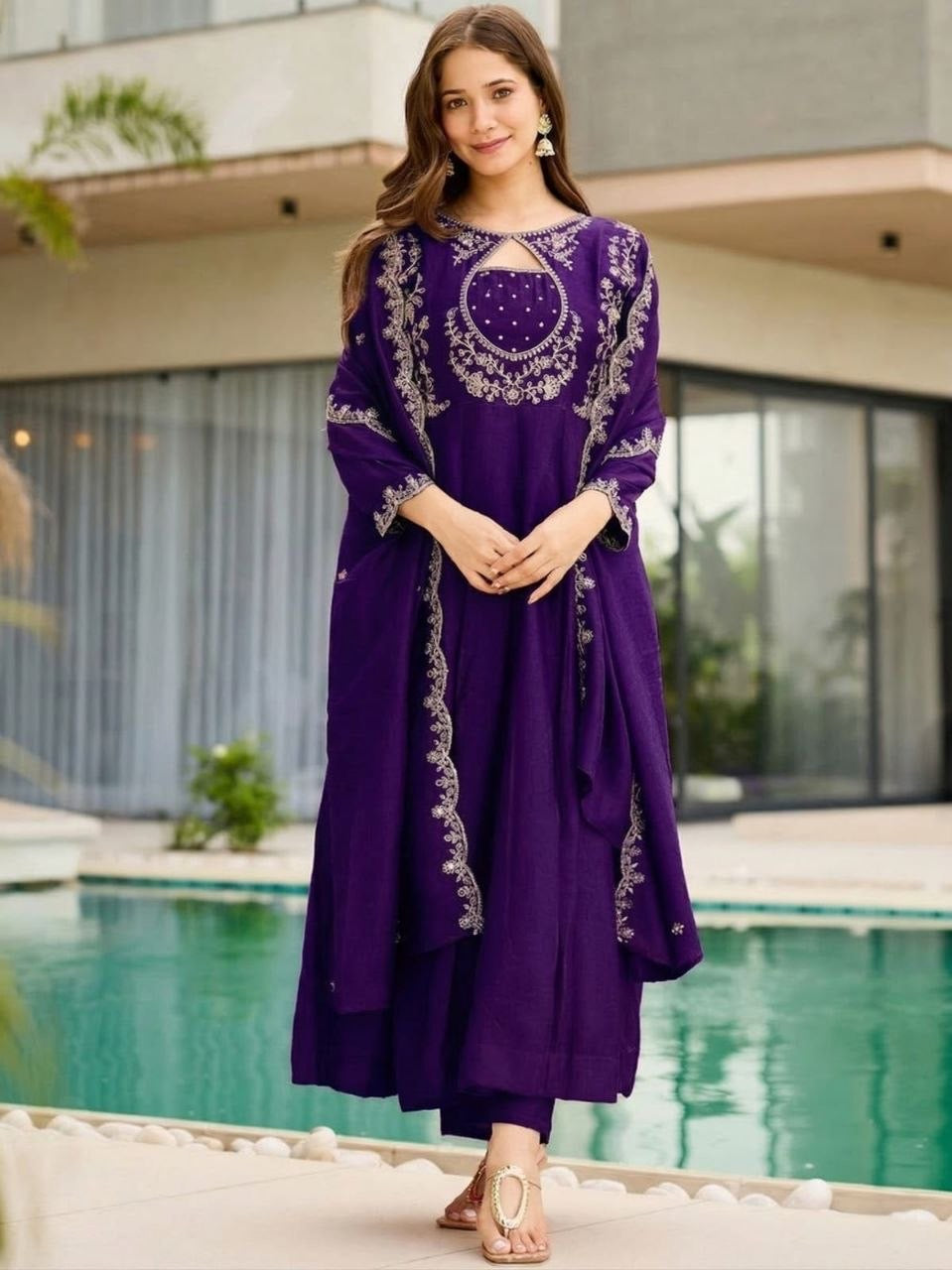 Purple Vichitra Embroidered Kurta Set 