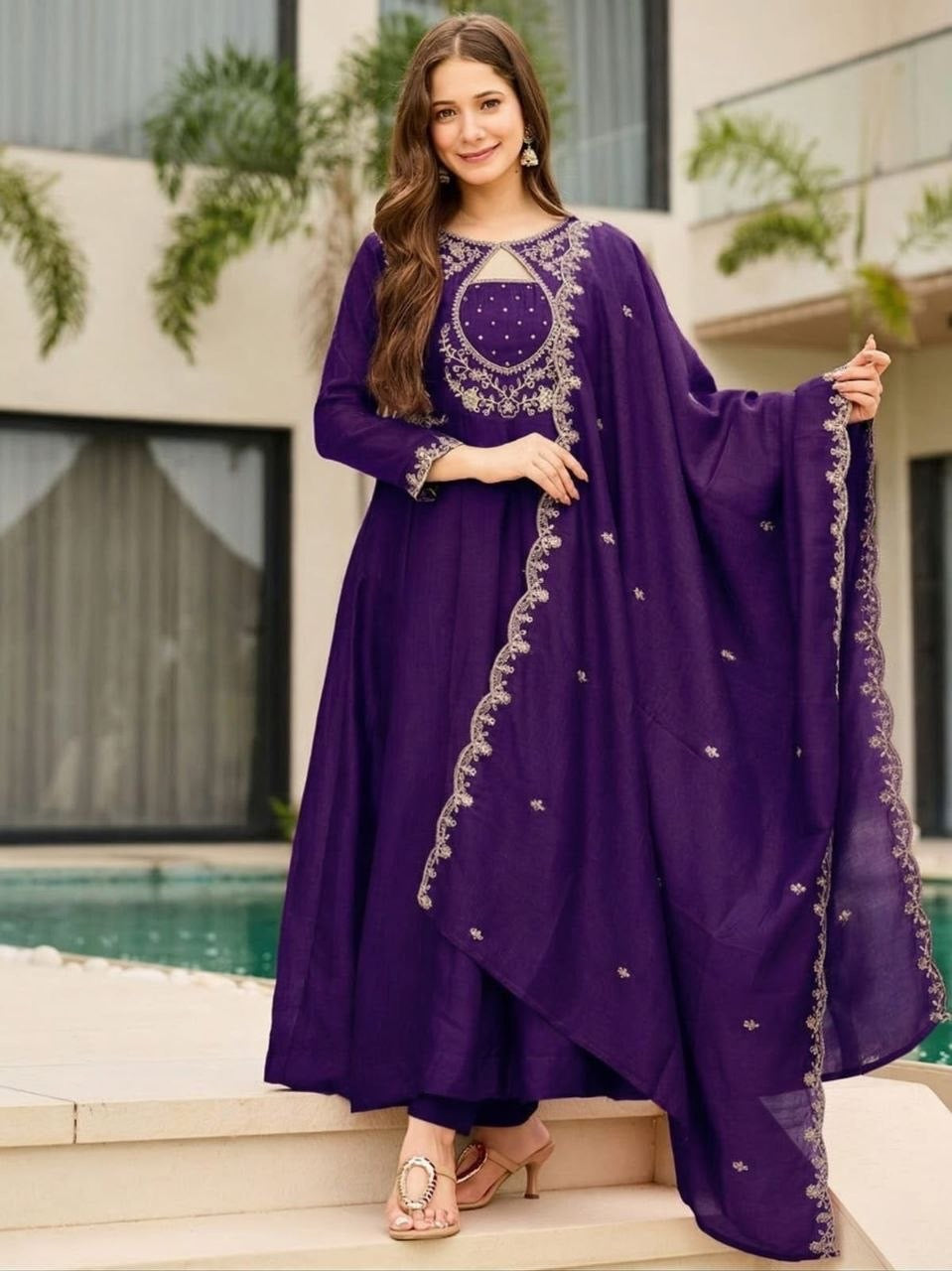Purple Vichitra Embroidered Kurta Set 
