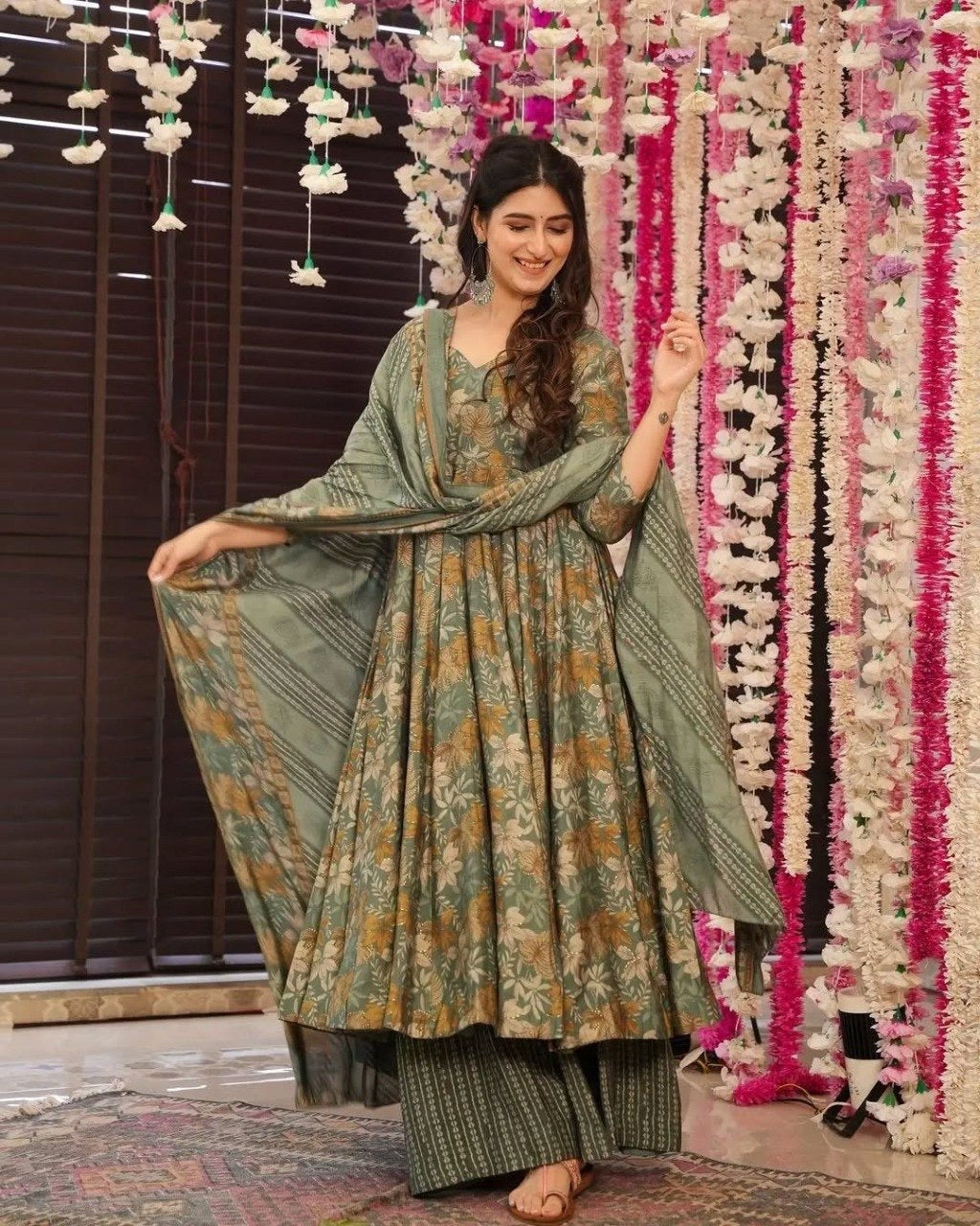 Green Rayon Slub Printed Anarkali Kurti Set