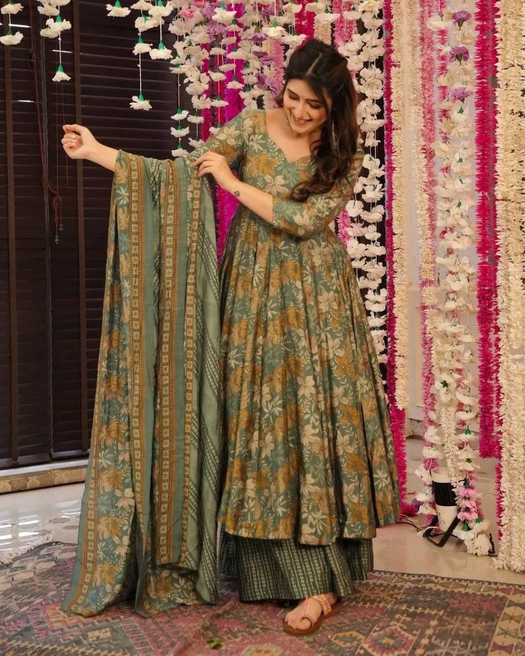 Green Rayon Slub Printed Anarkali Kurti Set