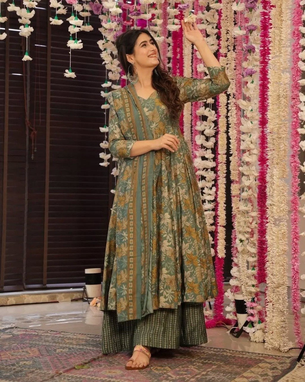 Green Rayon Slub Printed Anarkali Kurti Set